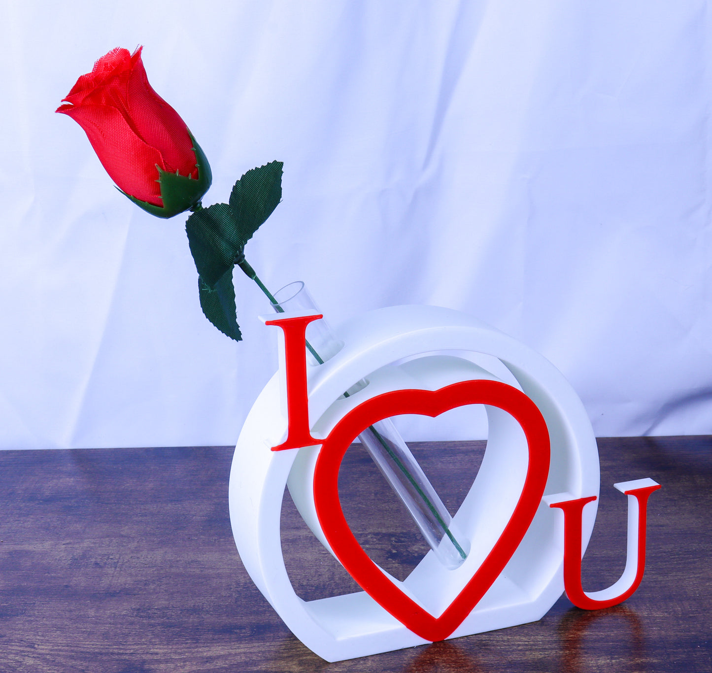I Love U Heart Single Rose Vase, White and Red with Artificial Galaxy Rose- Various Colours