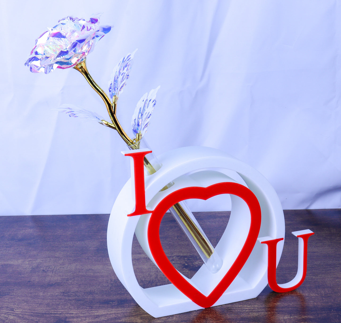 I Love U Heart Single Rose Vase, White and Red with Artificial Galaxy Rose- Various Colours