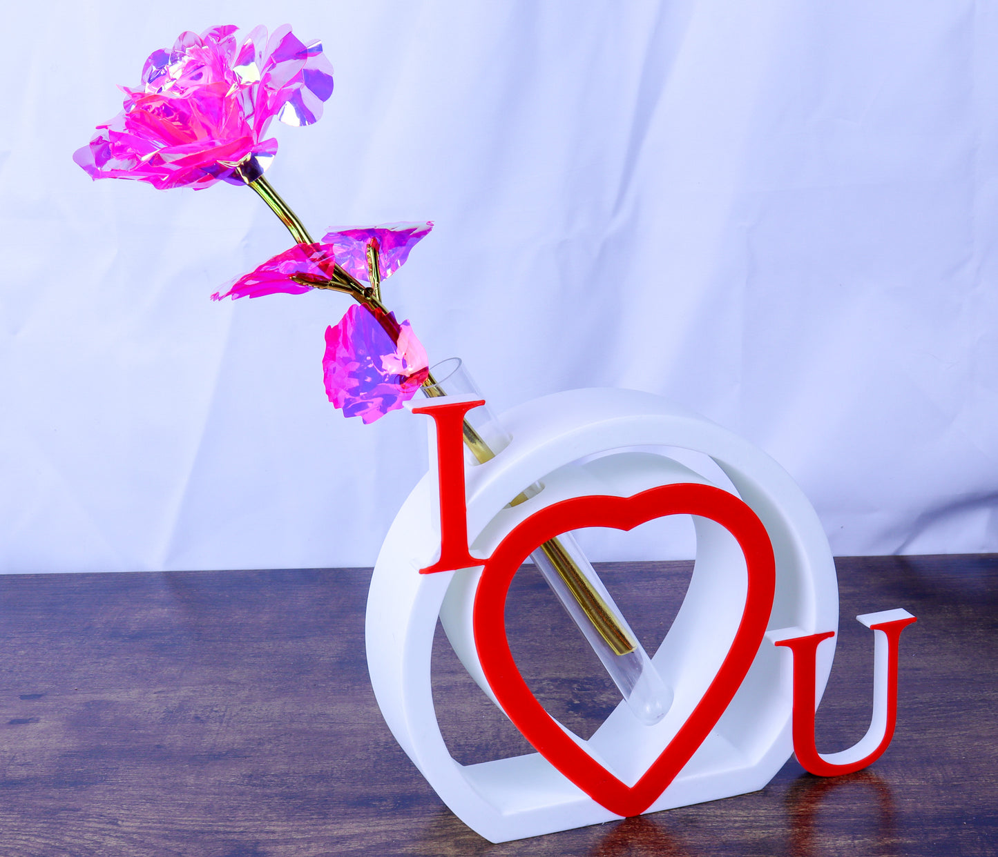 I Love U Heart Single Rose Vase, White and Red with Artificial Galaxy Rose- Various Colours