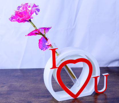 I Love U Heart Single Rose Vase, White and Red with Artificial Galaxy Rose- Various Colours