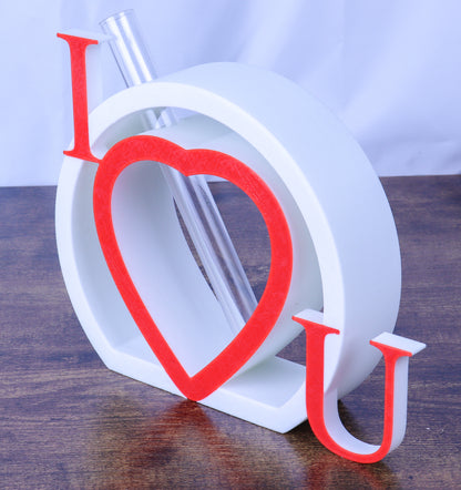 I Love U Heart Single Rose Vase, White and Red with Artificial Galaxy Rose- Various Colours